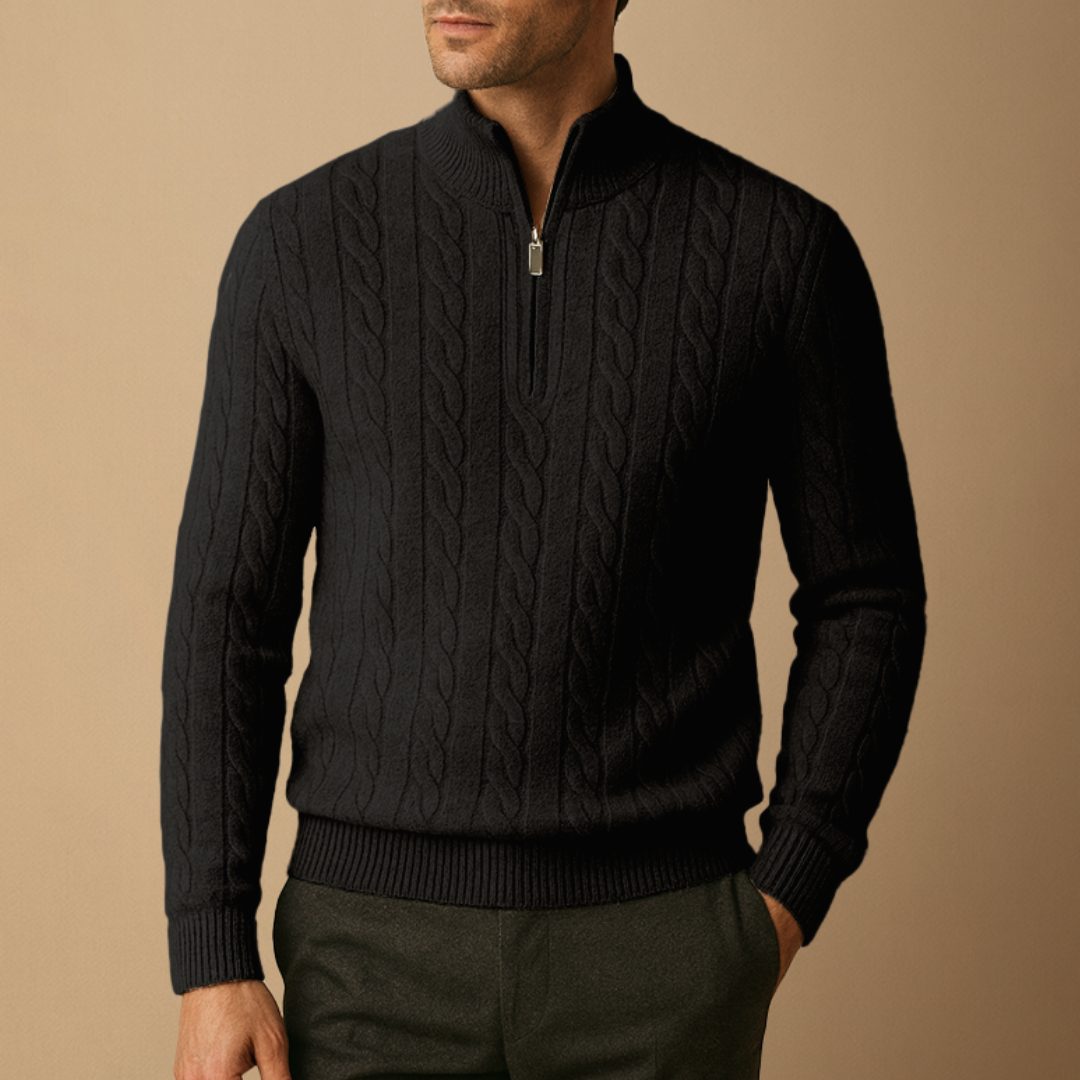 Cable Knit Jumper with Half Zip and Raised Texture for Men in Black