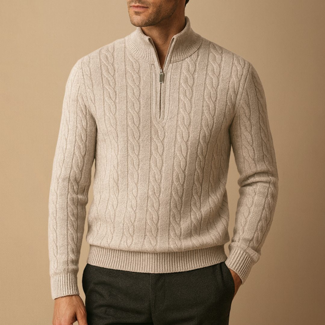 Cable Knit Jumper with Half Zip and Raised Texture for Men in Beige