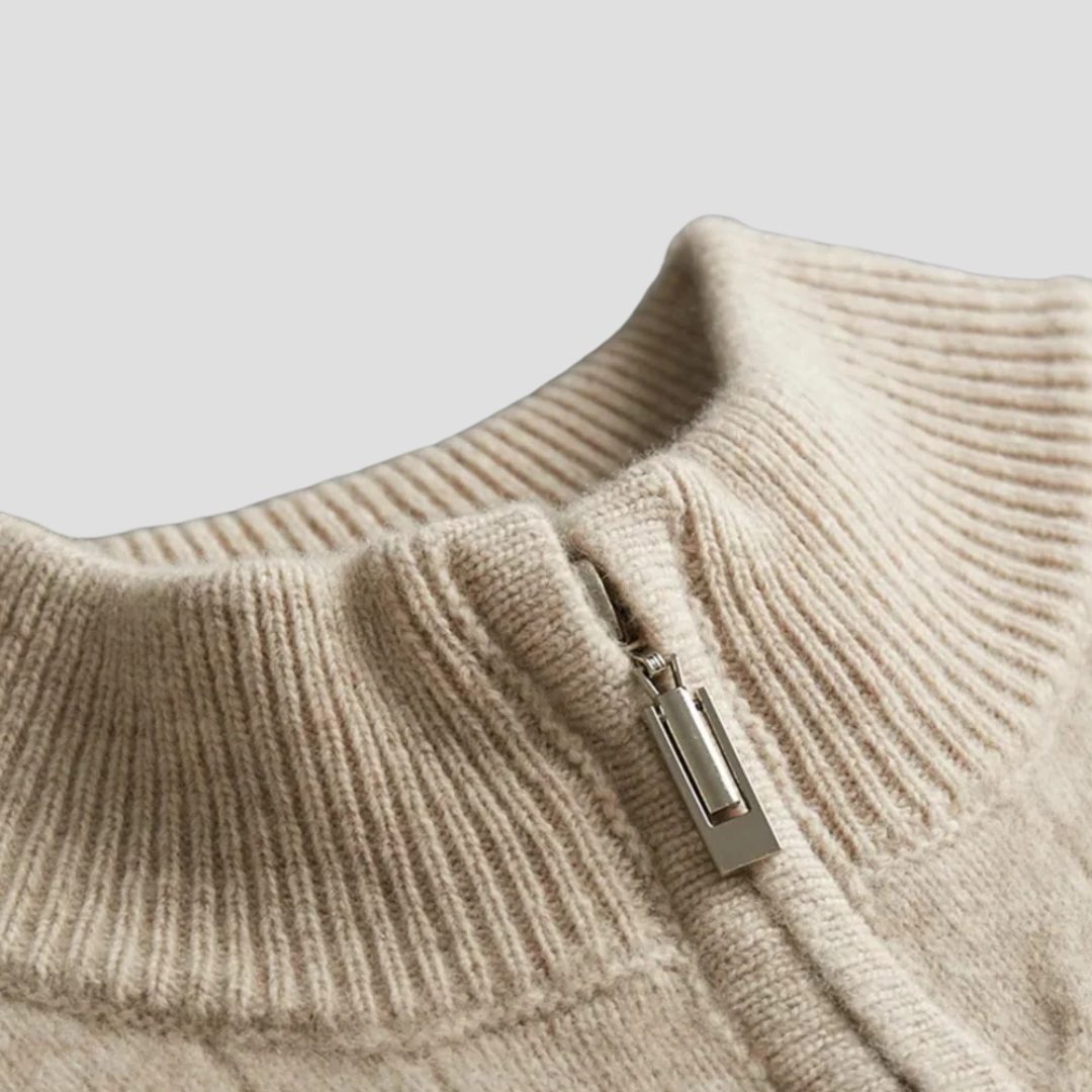 Cable Knit Jumper with Half Zip and Raised Texture for Men