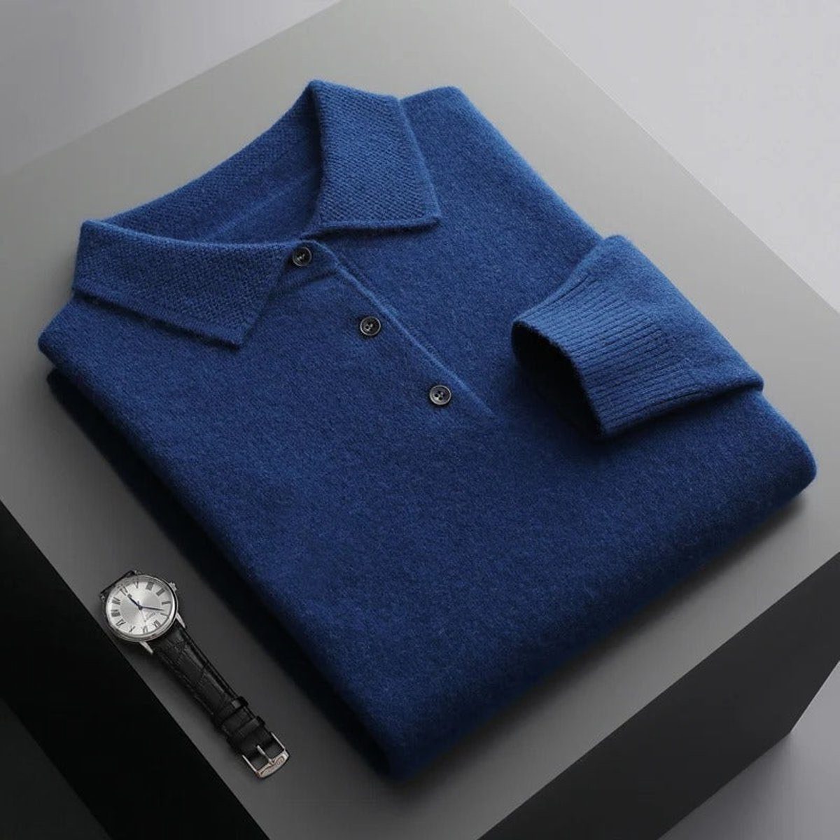 Cashmere-Look Knit Jumper with Polo Neck and Long Sleeves for Men in Navy
