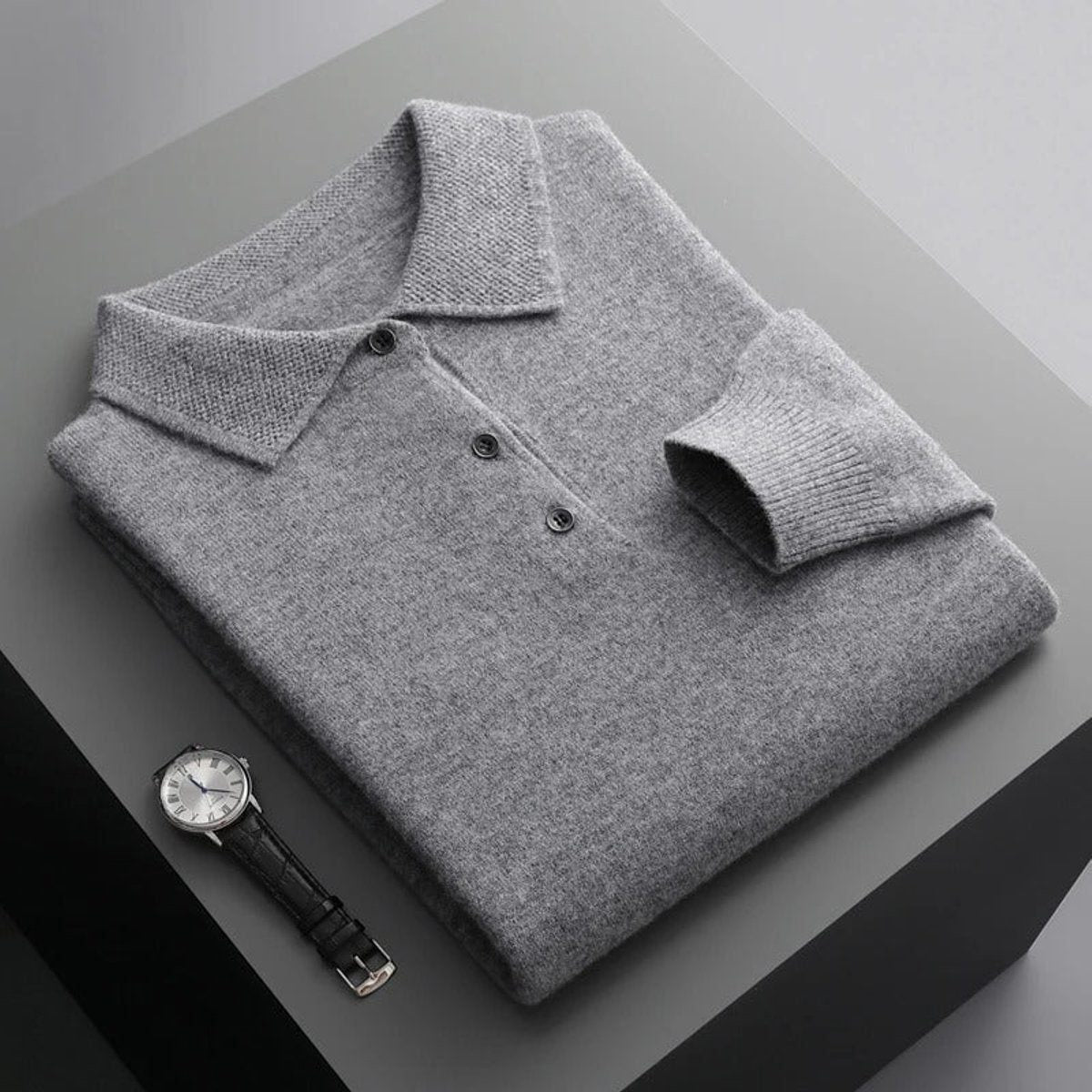 Cashmere-Look Knit Jumper with Polo Neck and Long Sleeves for Men in Grey