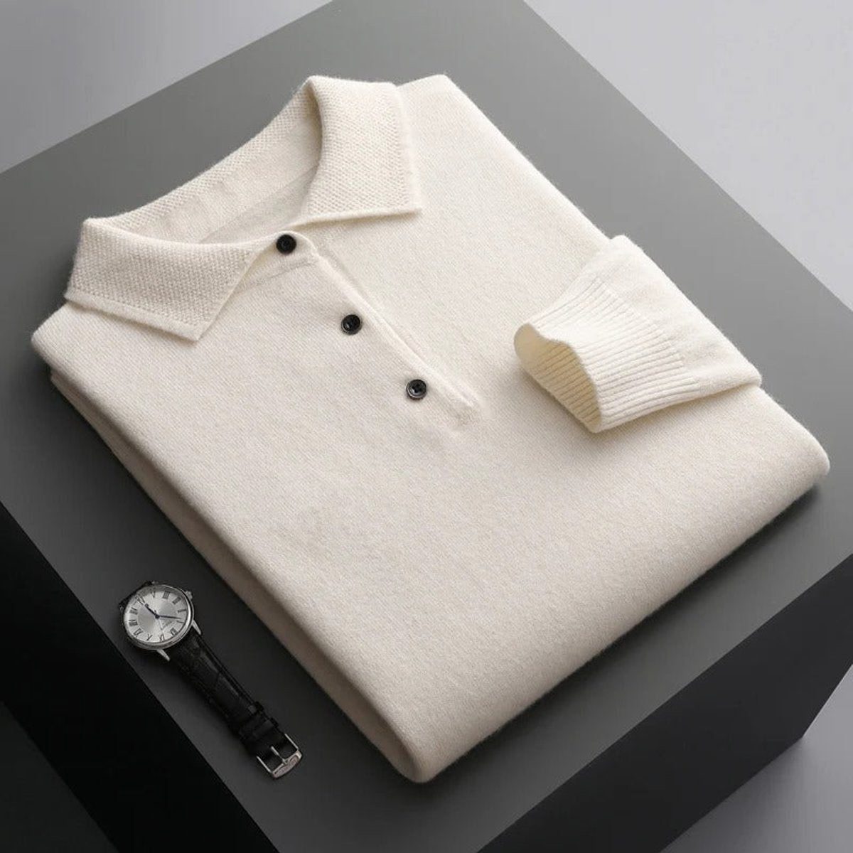 Cashmere-Look Knit Jumper with Polo Neck and Long Sleeves for Men in White