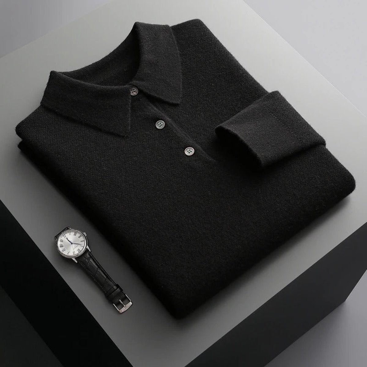 Cashmere-Look Knit Jumper with Polo Neck and Long Sleeves for Men in Black