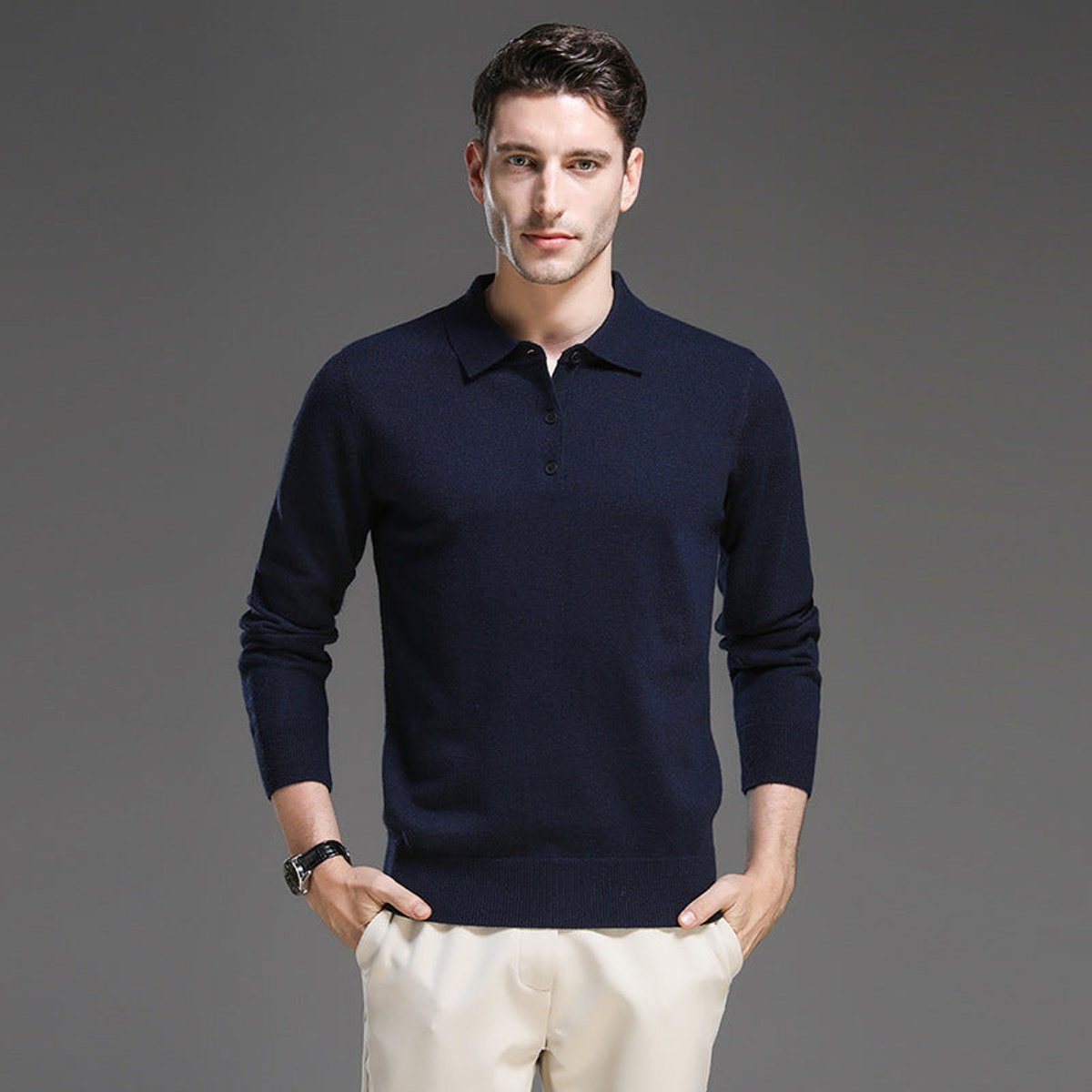Cashmere-Look Knit Jumper with Polo Neck and Long Sleeves for Men