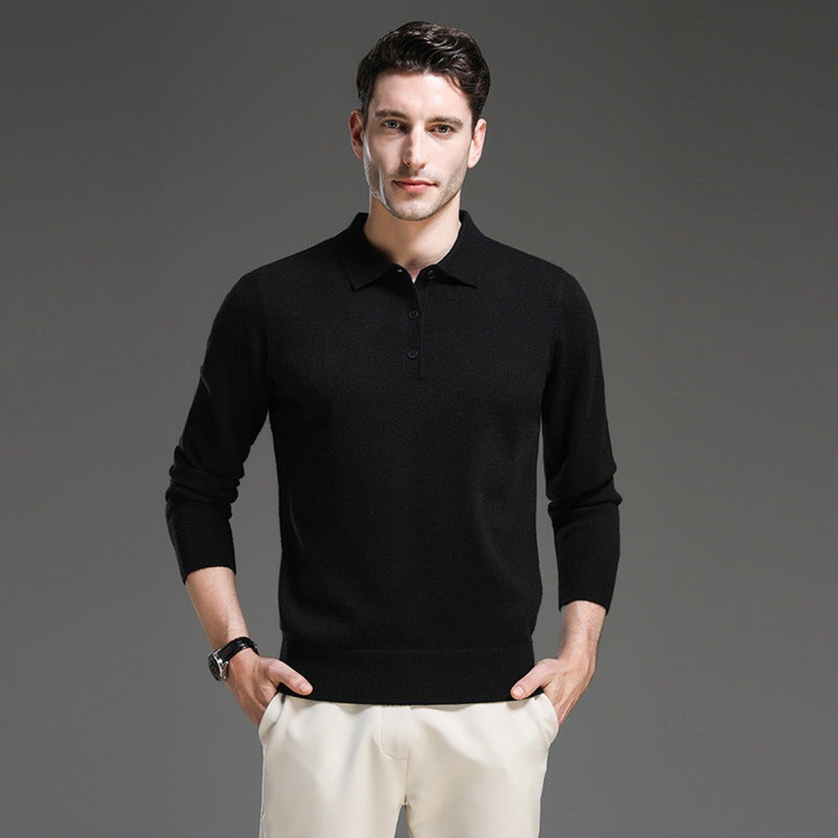 Cashmere-Look Knit Jumper with Polo Neck and Long Sleeves for Men