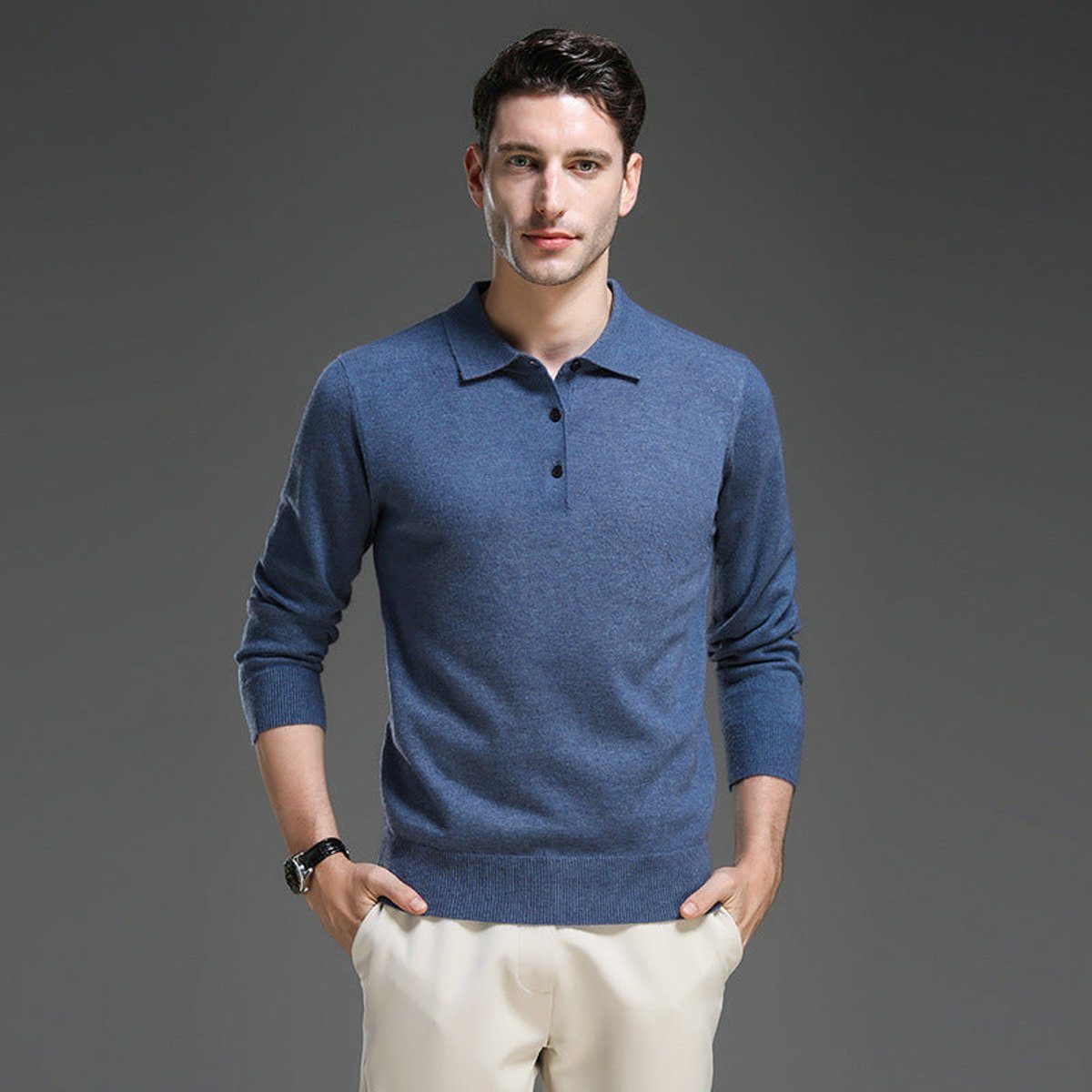 Cashmere-Look Knit Jumper with Polo Neck and Long Sleeves for Men