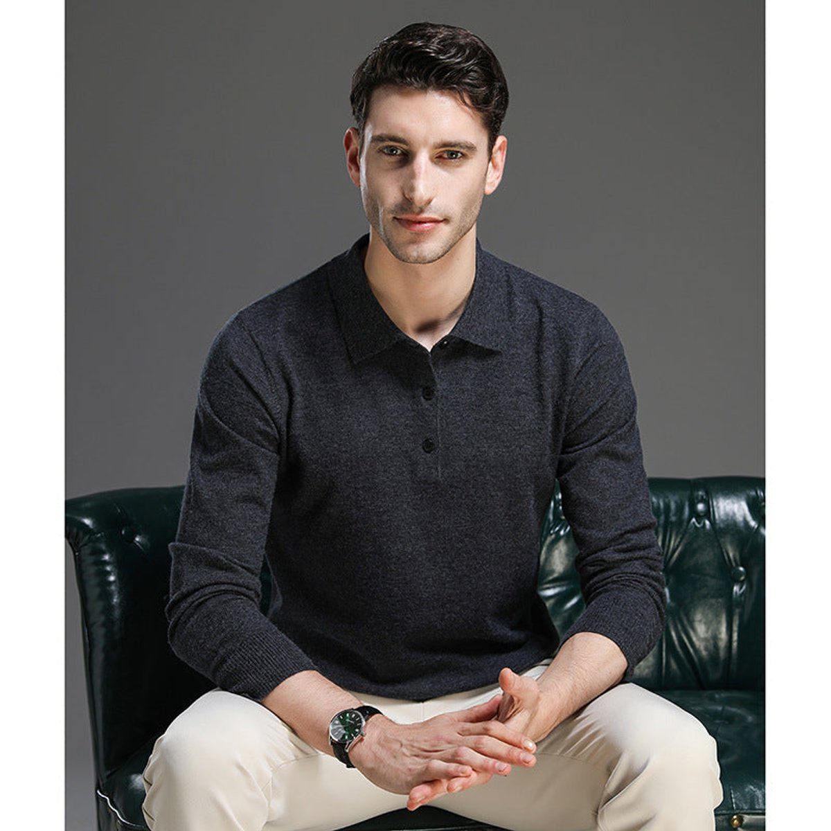 Cashmere-Look Knit Jumper with Polo Neck and Long Sleeves for Men