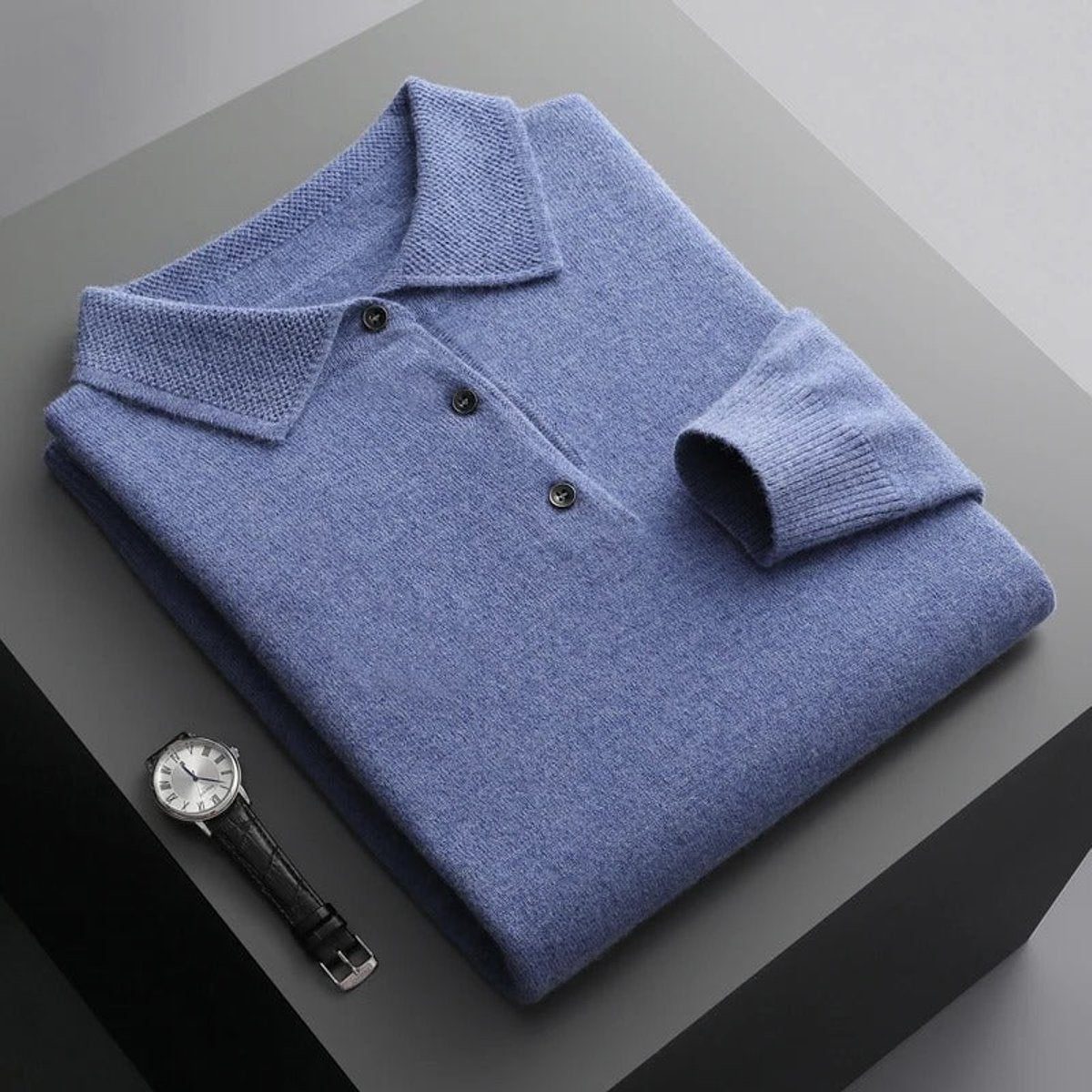 Cashmere-Look Knit Jumper with Polo Neck and Long Sleeves for Men in Blue