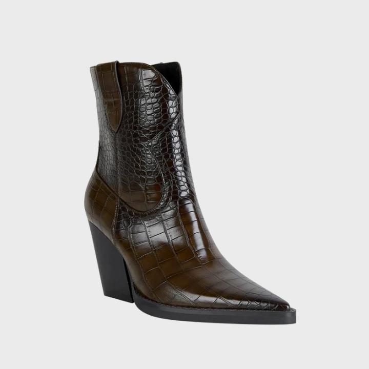 Crocodile Embossed Wedge Boots with Pointed Toe for Women