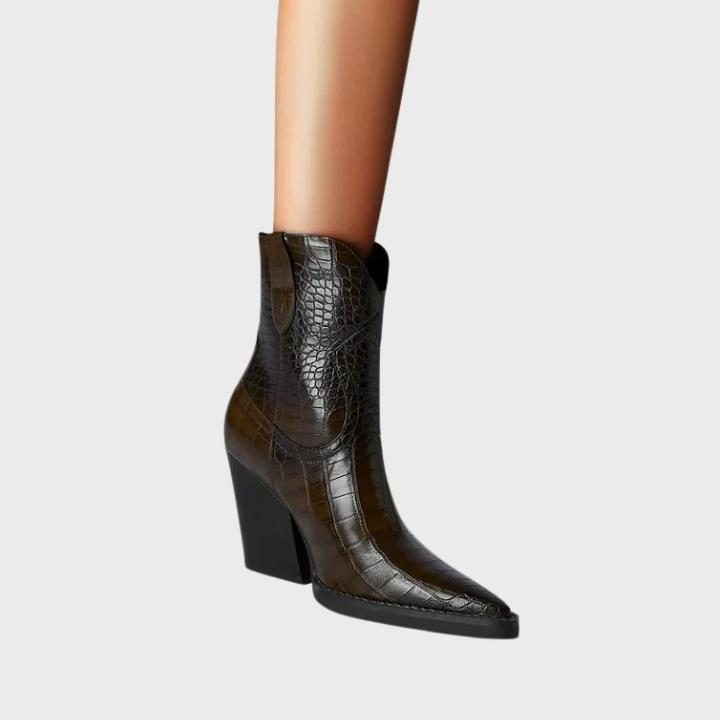 Crocodile Embossed Wedge Boots with Pointed Toe for Women