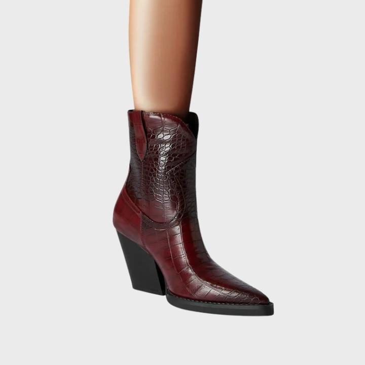 Crocodile Embossed Wedge Boots with Pointed Toe for Women in Wine Red