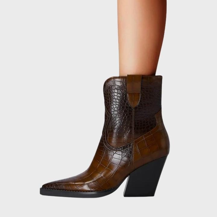 Crocodile Embossed Wedge Boots with Pointed Toe for Women in Dark Brown