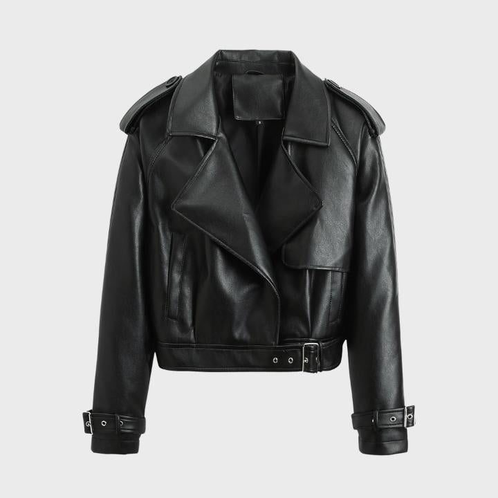 Cropped Biker Jacket with Wide Collar for Women in Black