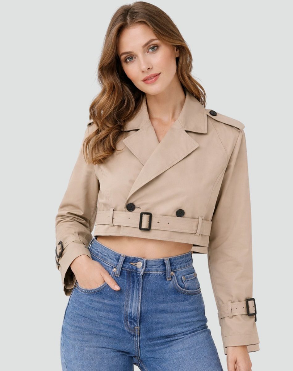 Cropped Double-Breasted Trench Coat with Belt for Women in Khaki