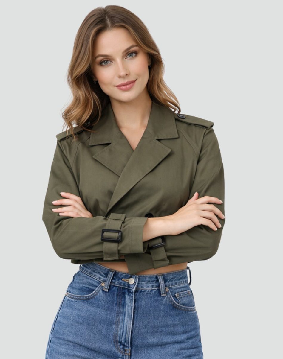 Cropped Double-Breasted Trench Coat with Belt for Women in Army Green