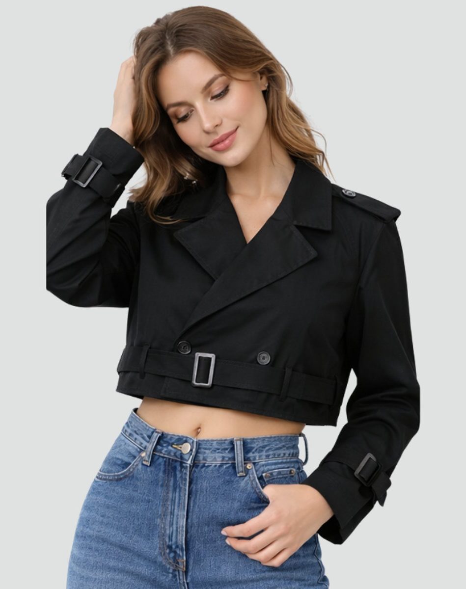 Cropped Double-Breasted Trench Coat with Belt for Women in Black