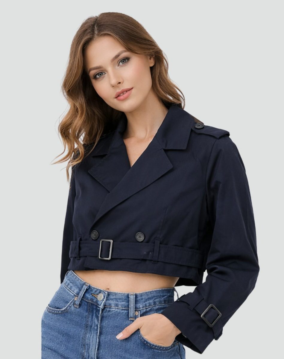 Cropped Double-Breasted Trench Coat with Belt for Women in Navy Blue