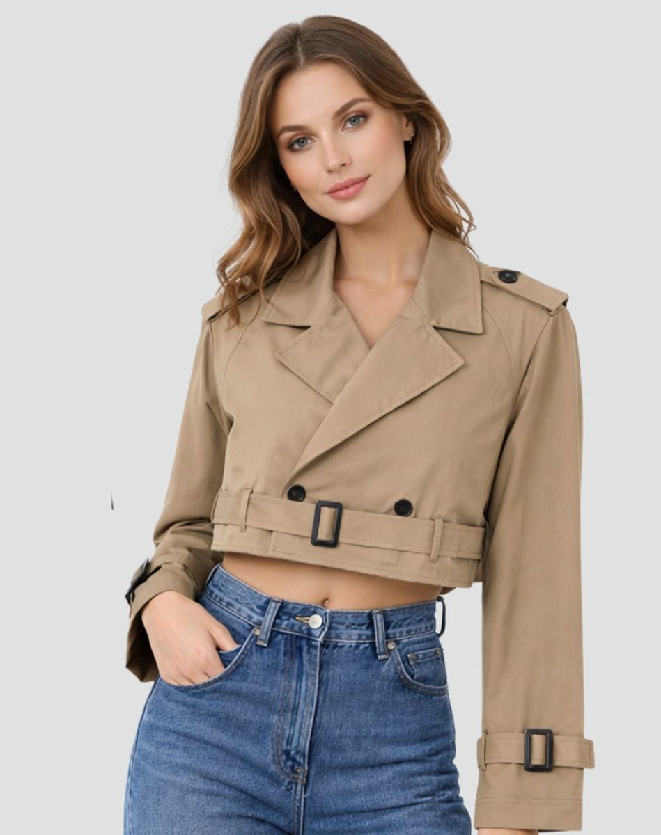 Cropped Double-Breasted Trench Coat with Belt for Women