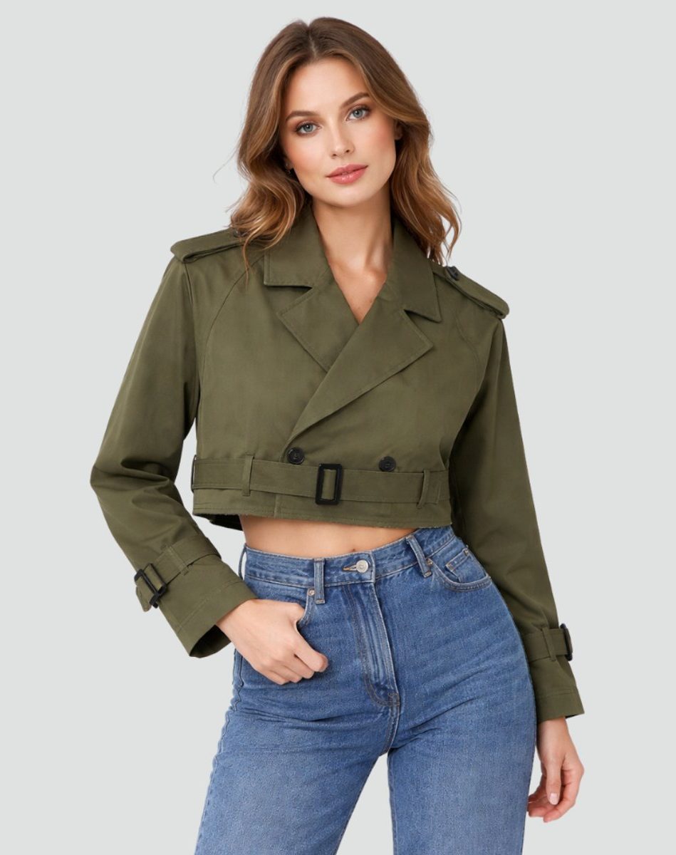 Cropped Double-Breasted Trench Coat with Belt for Women