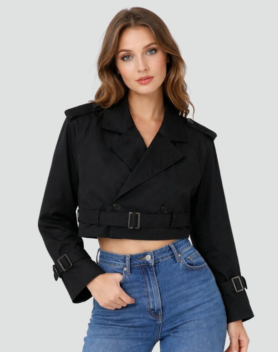 Cropped Double-Breasted Trench Coat with Belt for Women