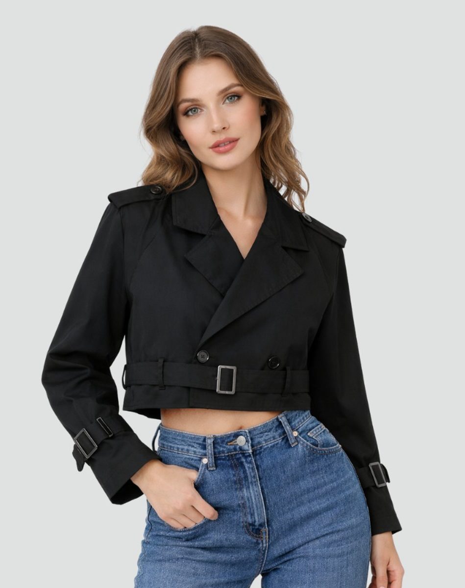 Cropped Double-Breasted Trench Coat with Belt for Women