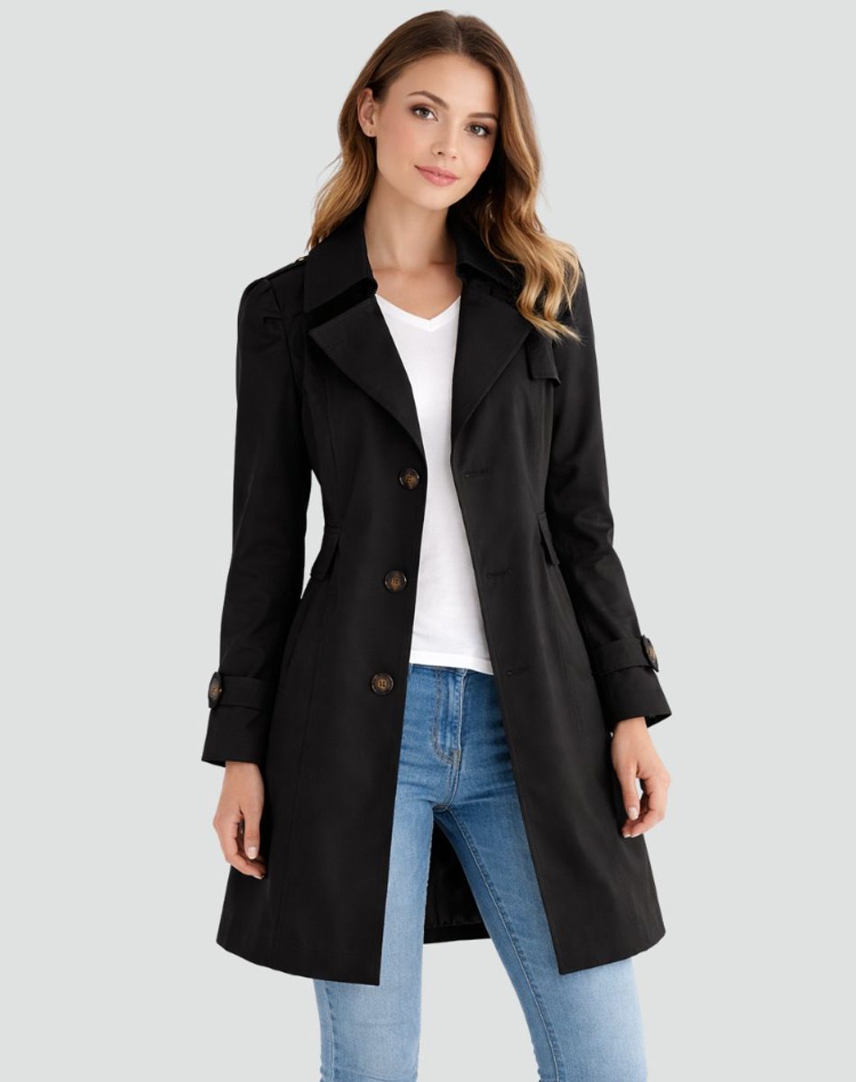 Double-Breasted Mid-Length Trench Coat for Women in Black