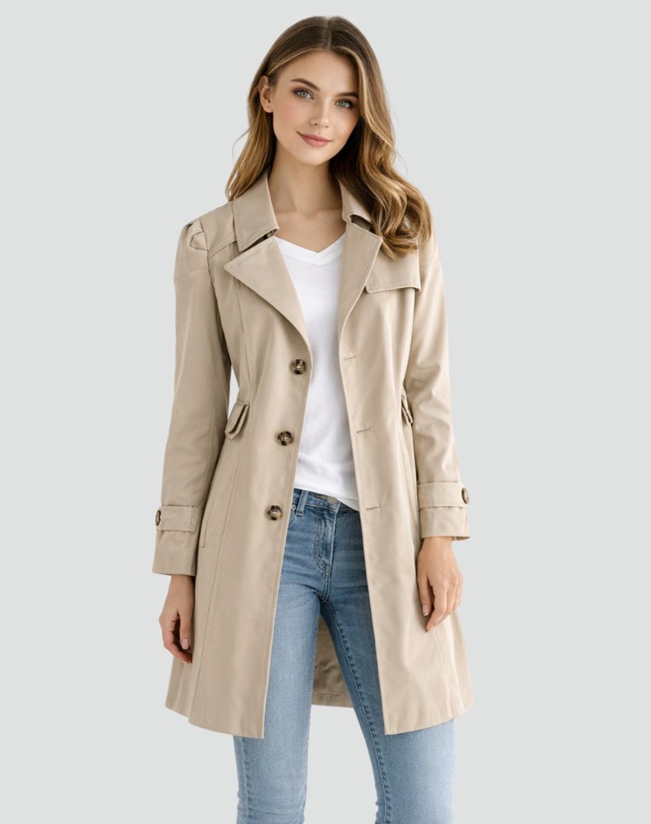 Double-Breasted Mid-Length Trench Coat for Women in Khaki