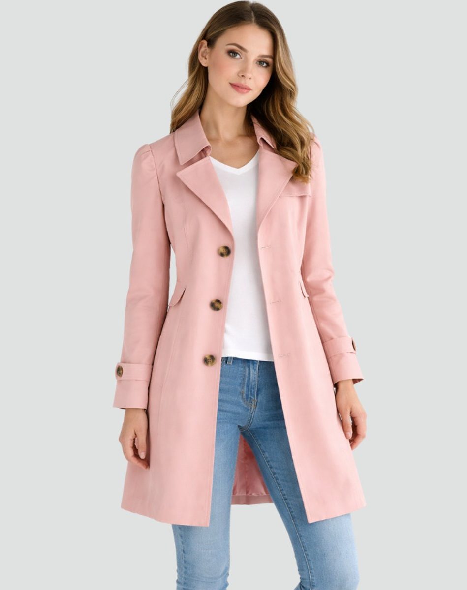 Double-Breasted Mid-Length Trench Coat for Women in Pink