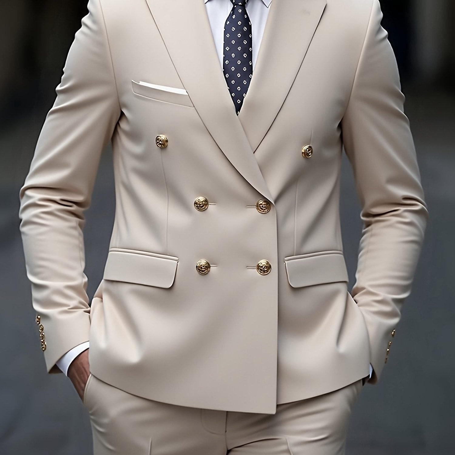Double-Breasted Six-Button Two-Piece Suit for Men in Beige