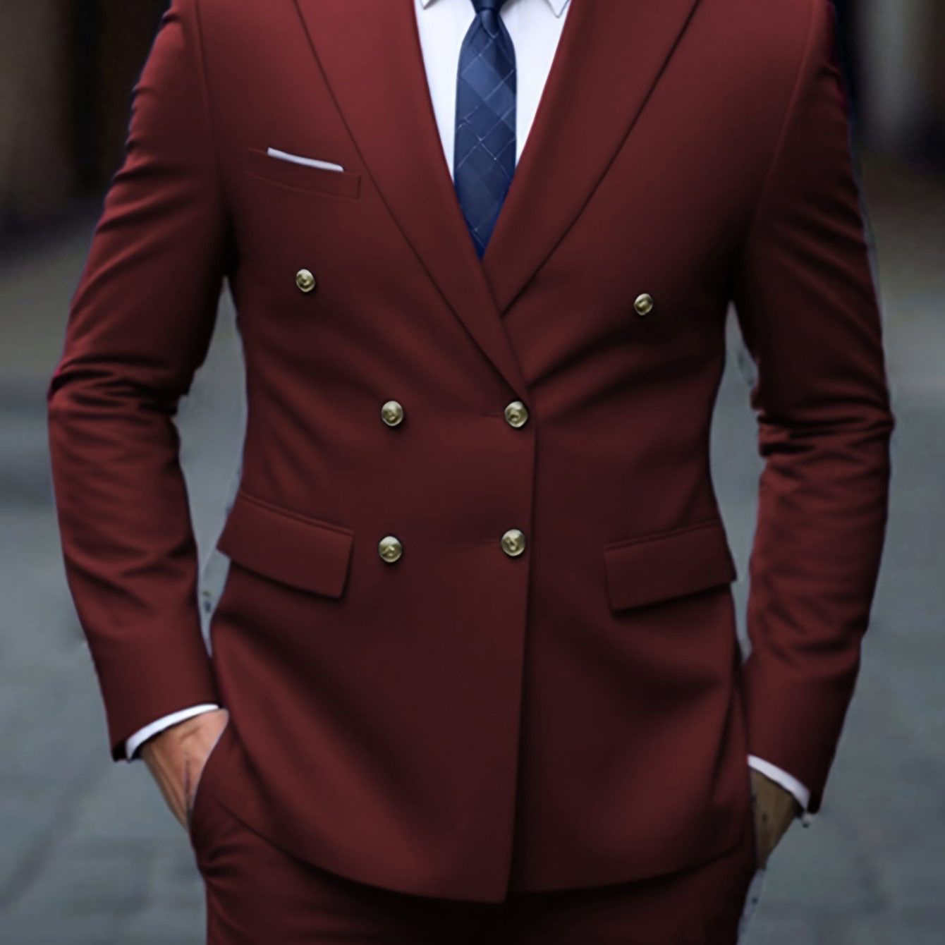 Double-Breasted Six-Button Two-Piece Suit for Men in Burgundy
