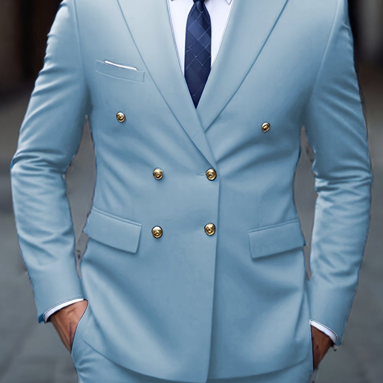 Double-Breasted Six-Button Two-Piece Suit for Men in Sky Blue