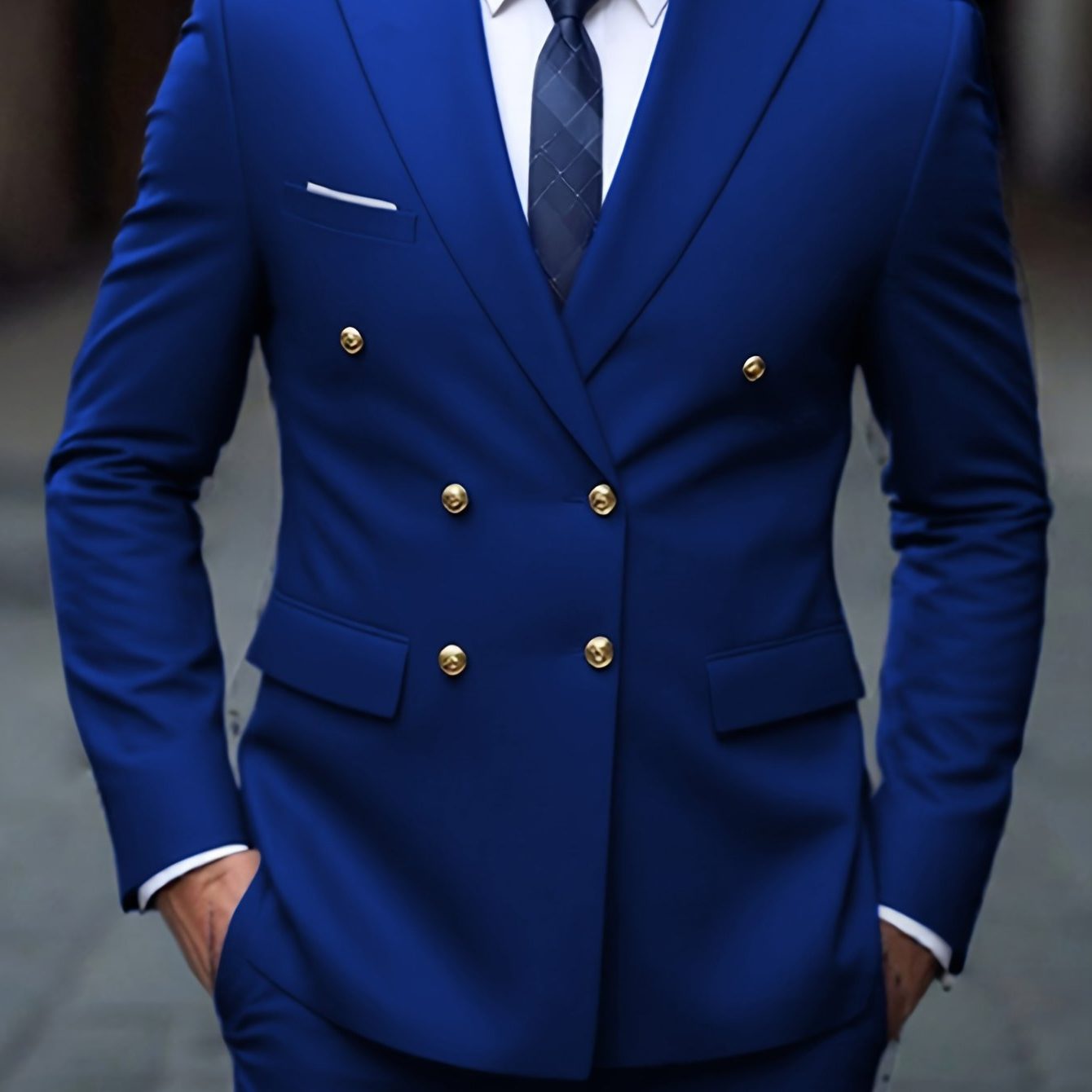 Double-Breasted Six-Button Two-Piece Suit for Men in Royal Blue