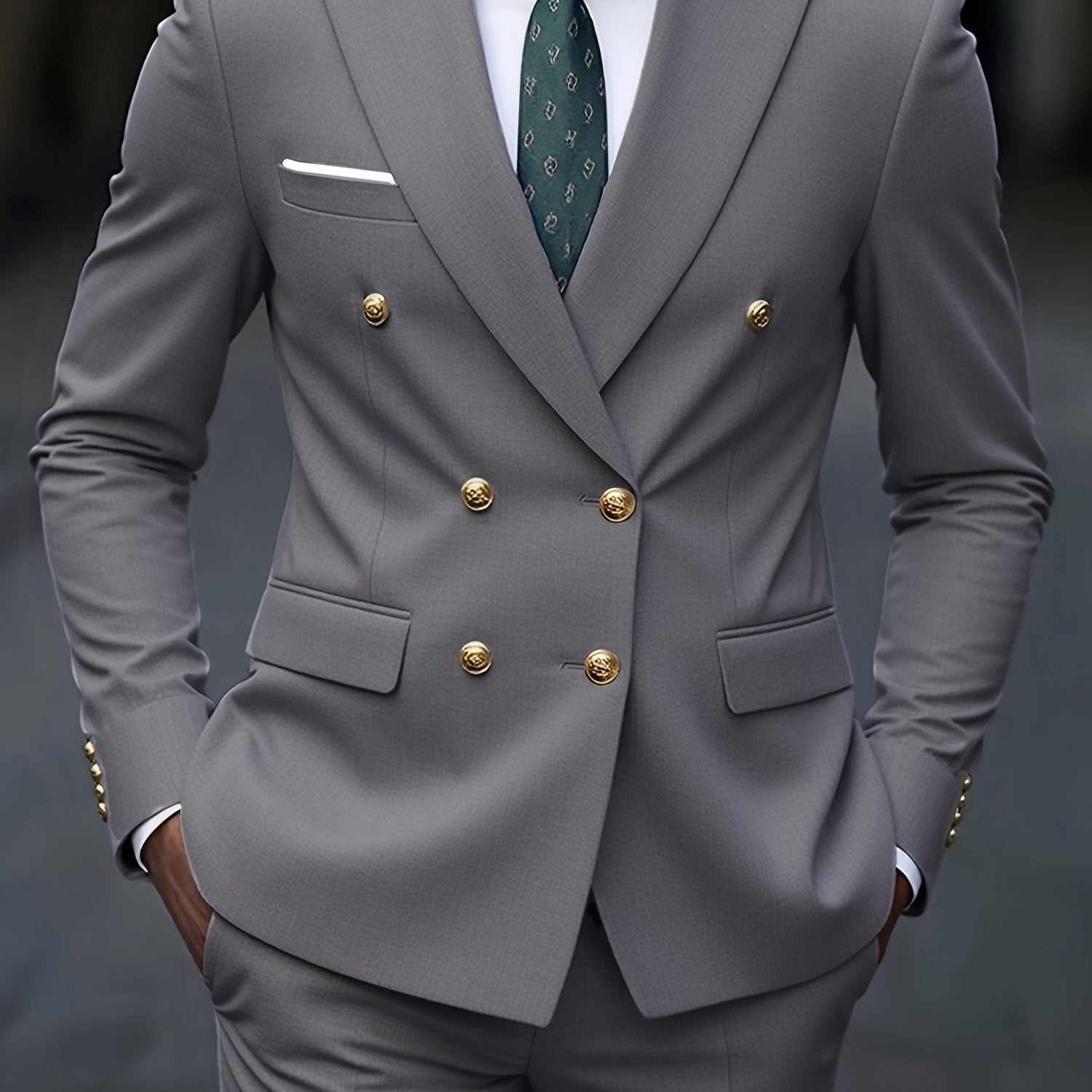 Double-Breasted Six-Button Two-Piece Suit for Men in Light Grey