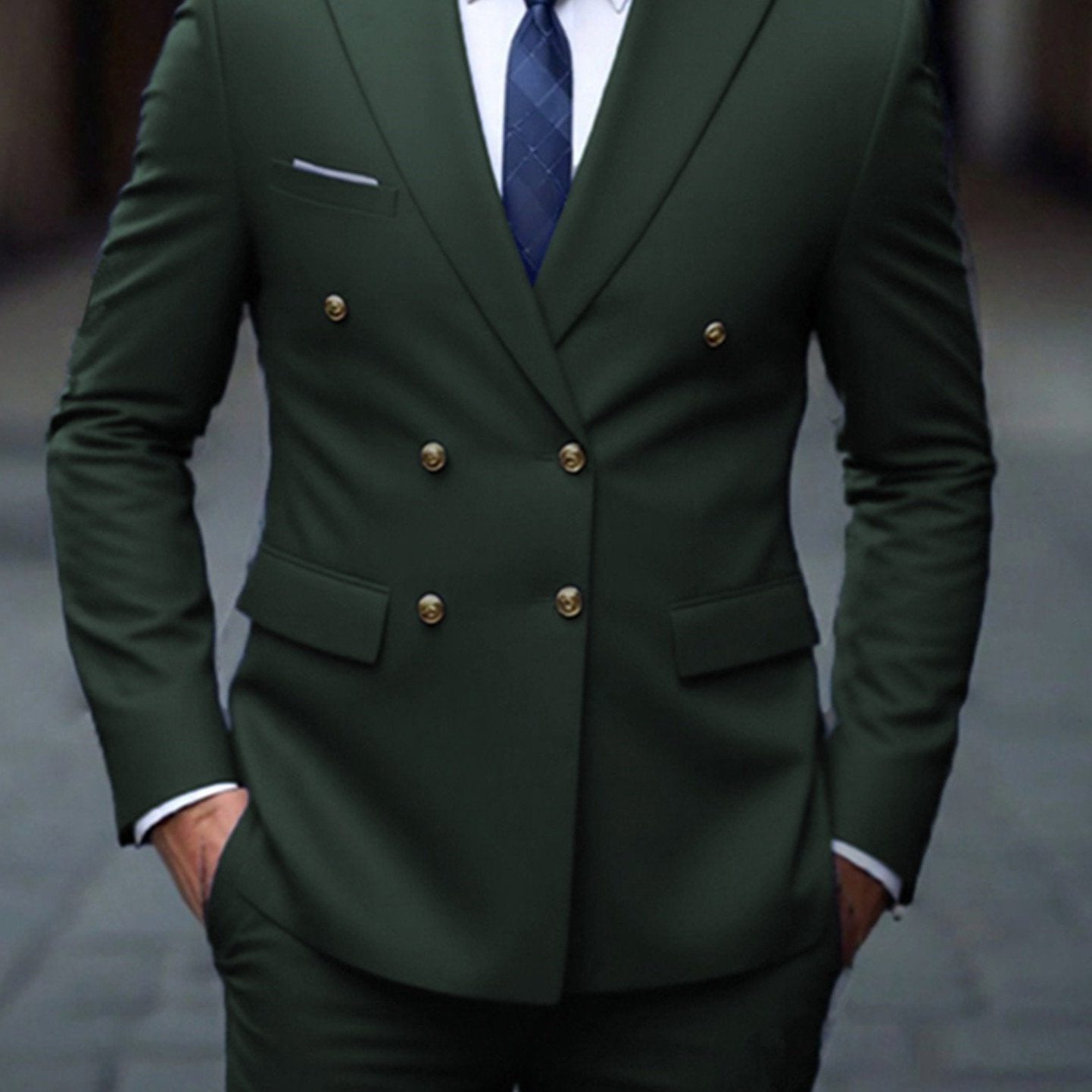 Double-Breasted Six-Button Two-Piece Suit for Men in Army Green