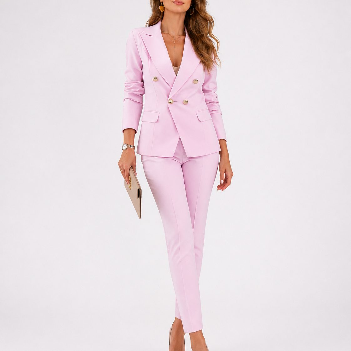 Double-Breasted Tailored Blazer and Trousers Set for Women in Pink