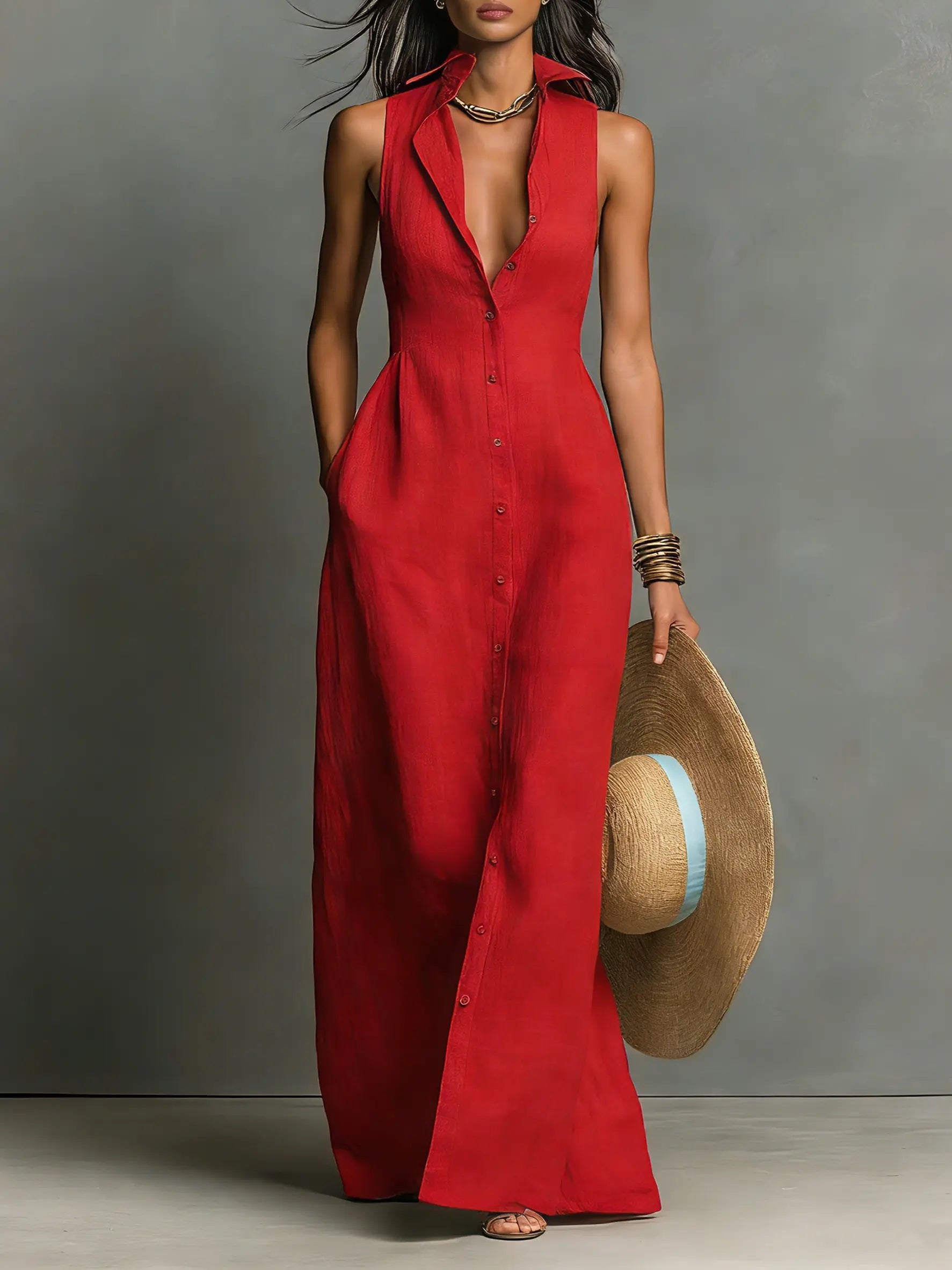 Elegant Sleeveless Maxi Shirt Dress for Women in Red