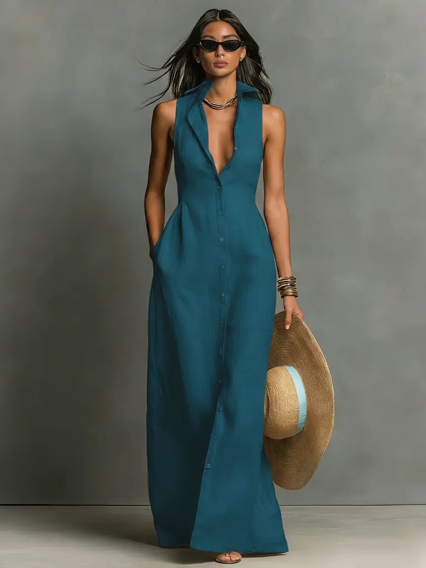 Elegant Sleeveless Maxi Shirt Dress for Women in Teal Blue