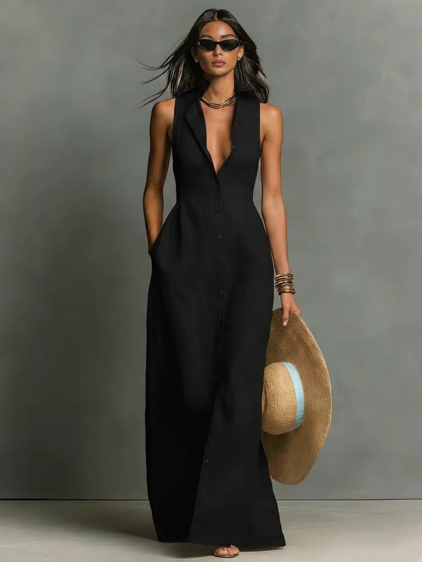 Elegant Sleeveless Maxi Shirt Dress for Women in Black