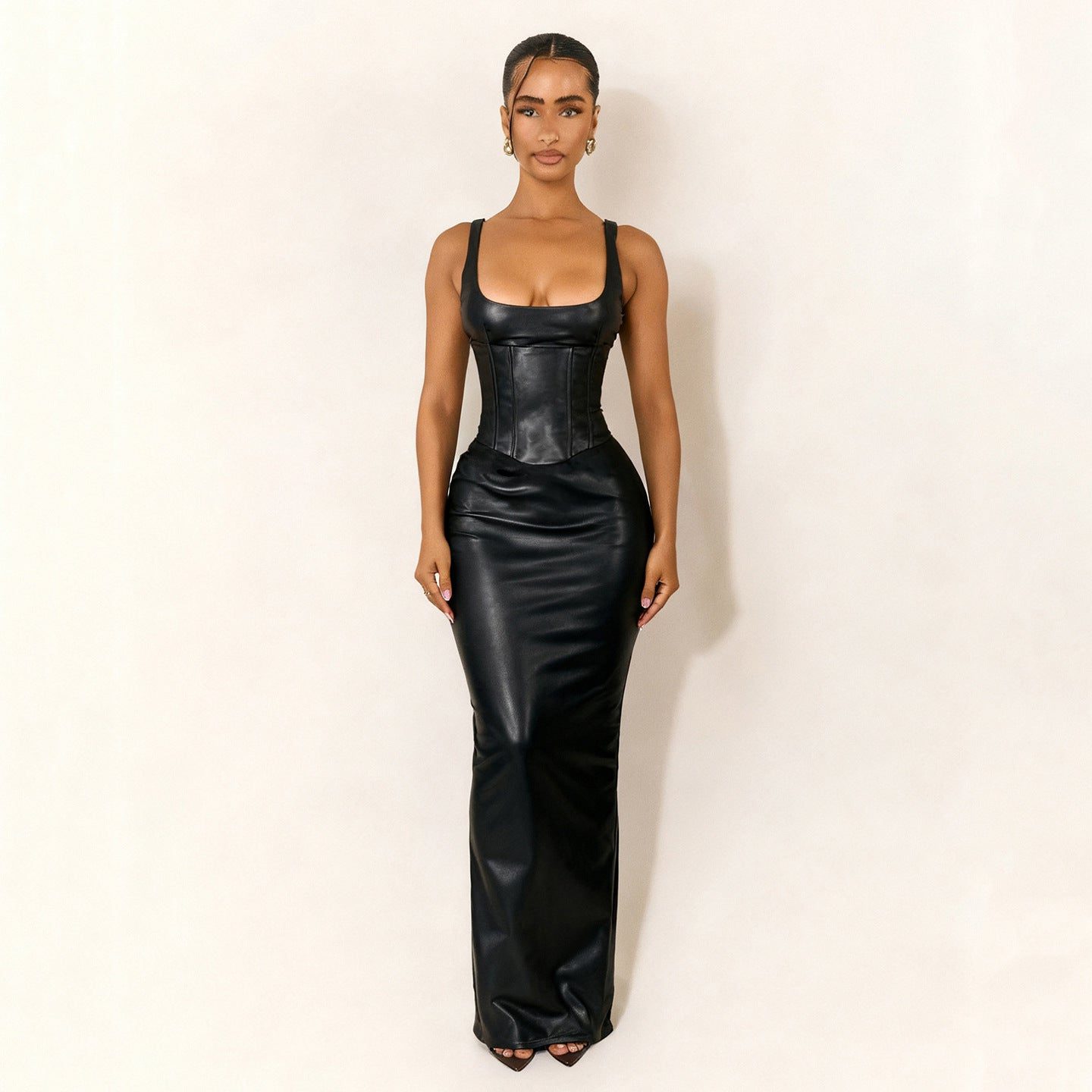 Faux Leather Corset Maxi Dress with Thin Straps for Women in Black