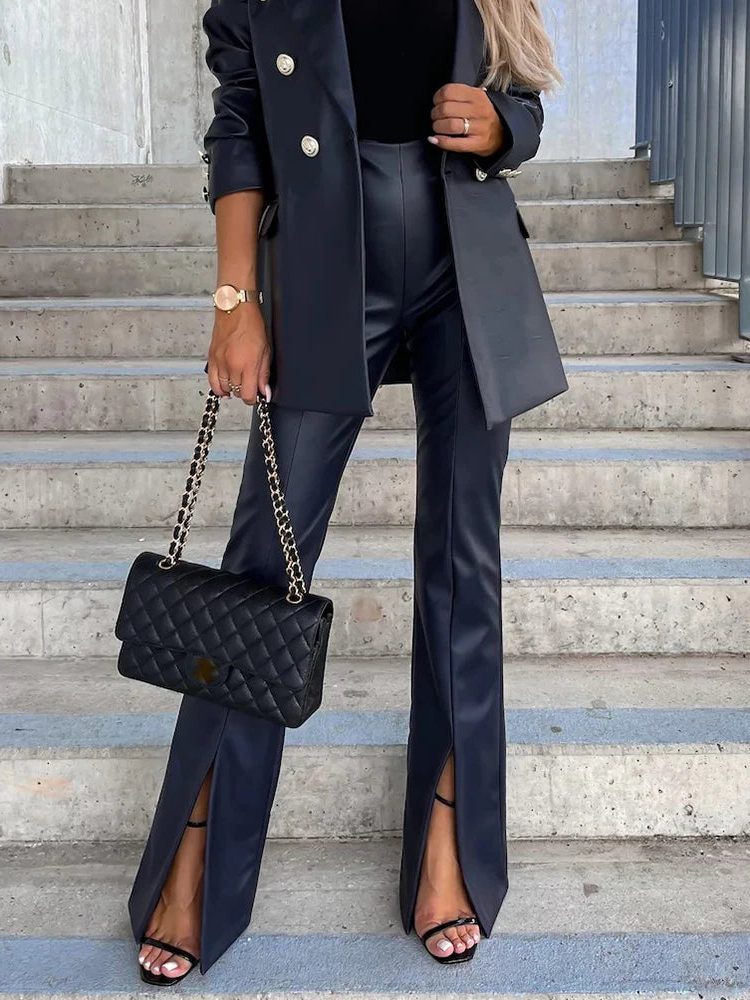 Faux Leather Flare Trousers with High Waist for Women