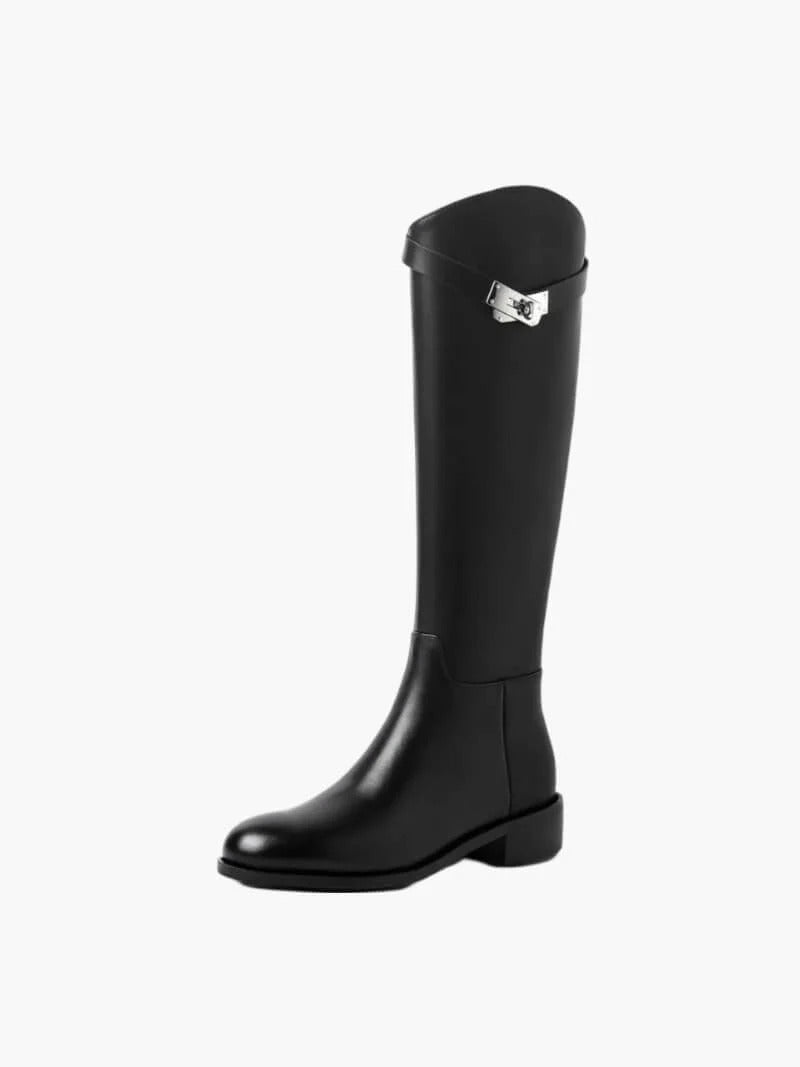 Faux Leather Knee High Boots with Structured Shaft for Women in Black