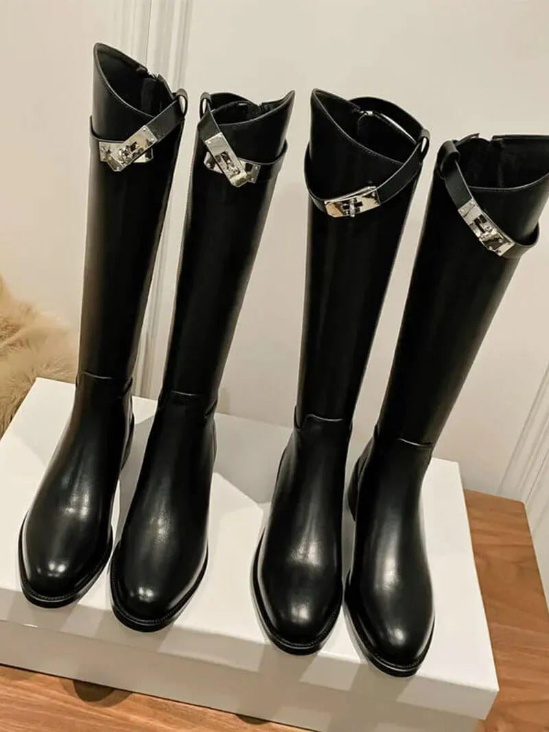Faux Leather Knee High Boots with Structured Shaft for Women