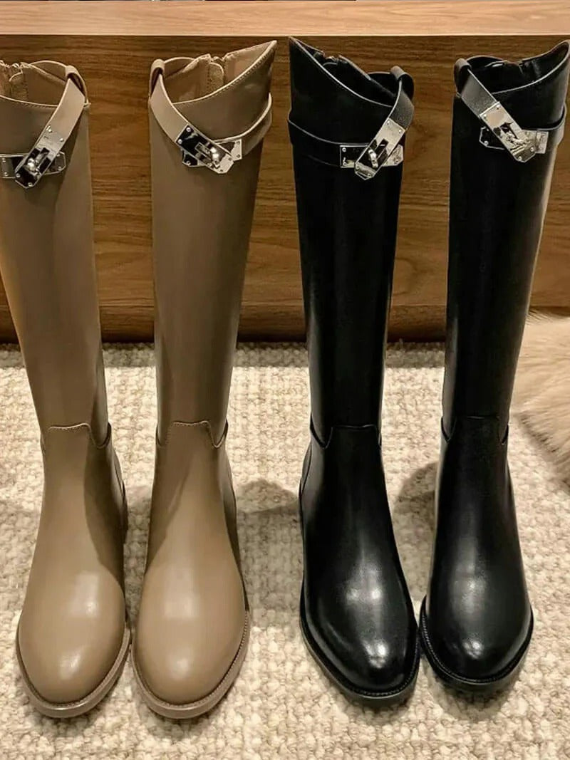 Faux Leather Knee High Boots with Structured Shaft for Women