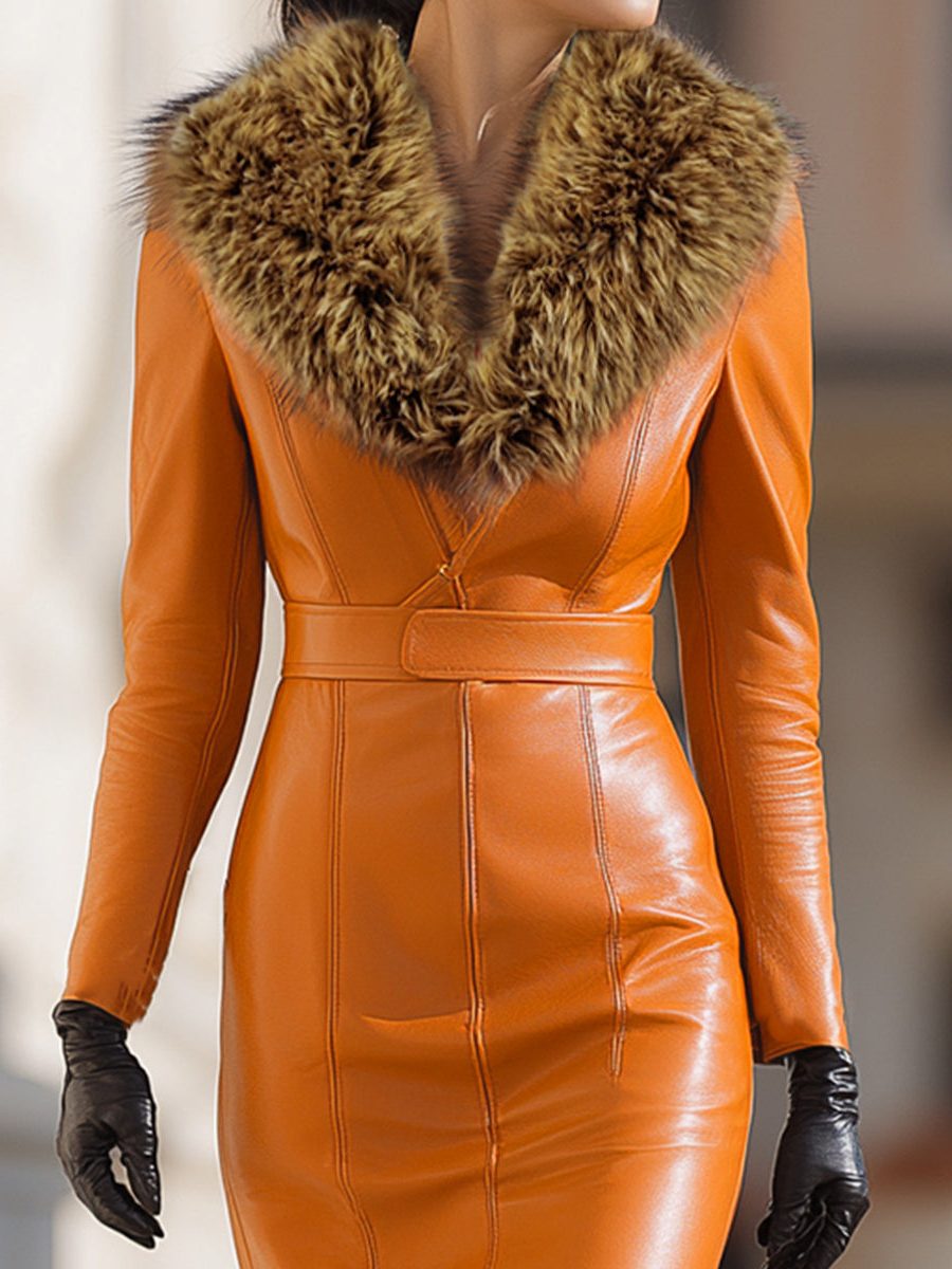 Faux Leather Maxi Dress with Fur Collar, Long Sleeves and Belt for Women