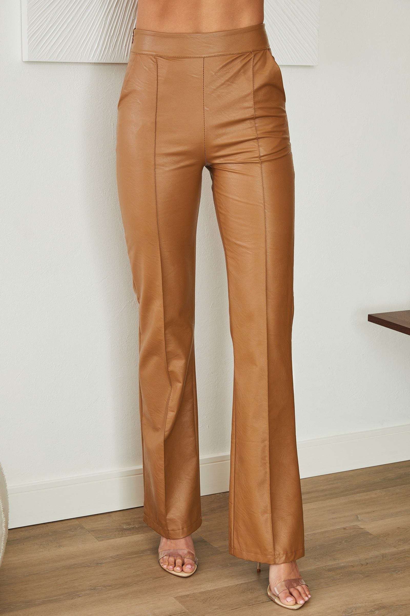 Faux Leather Straight Leg Trousers with High Waist for Women in Camel
