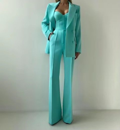Flared Blazer Set with High Waist and Single Button for Women in Green