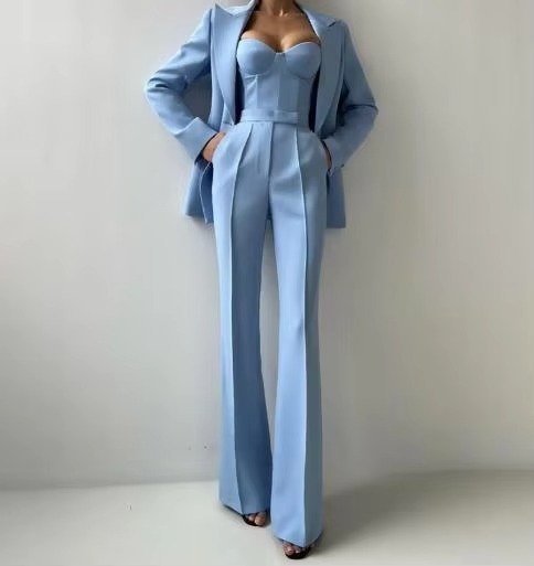 Flared Blazer Set with High Waist and Single Button for Women in Blue