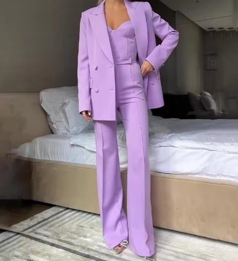 Flared Blazer Set with High Waist and Single Button for Women in Purple