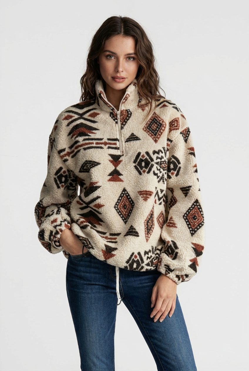 Geometric Fleece Sweatshirt with Zip for Women in Multicolour