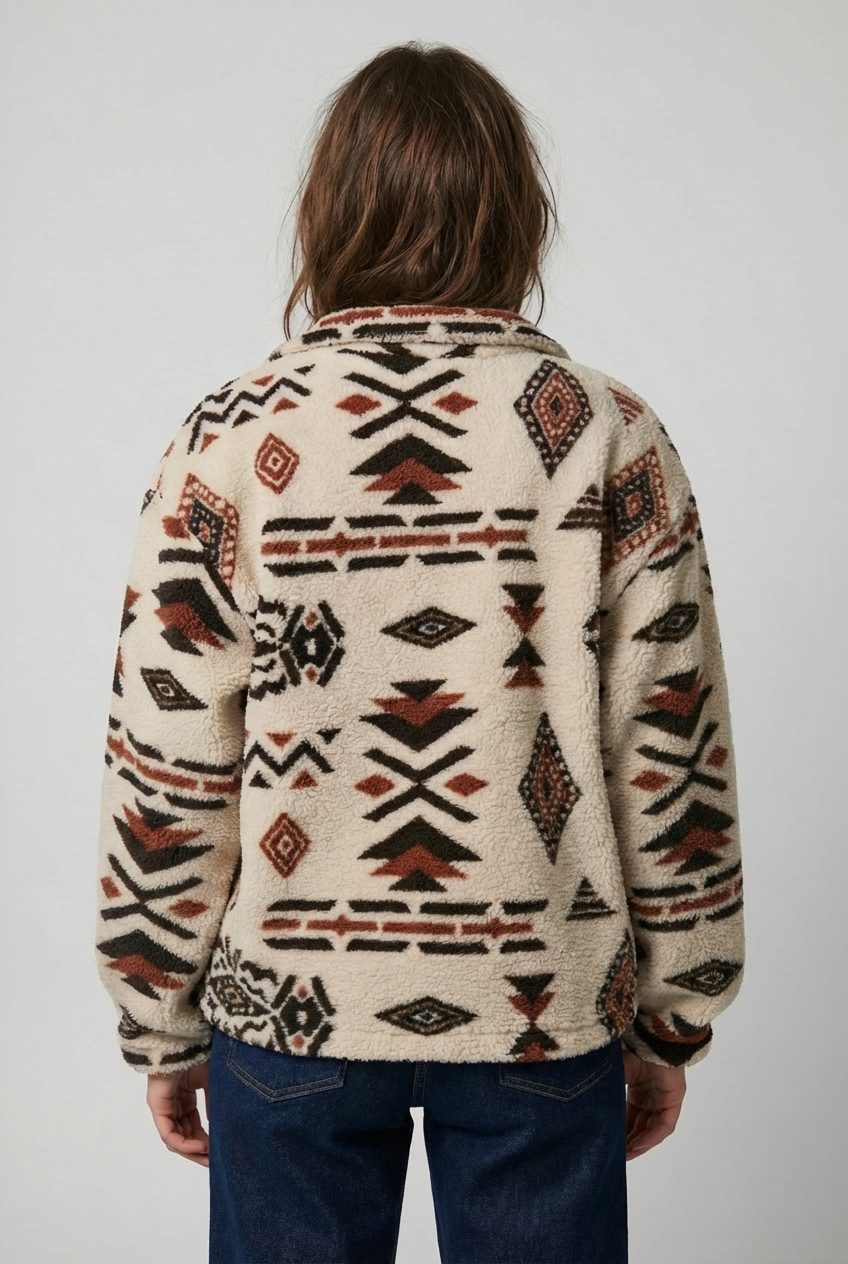 Geometric Fleece Sweatshirt with Zip for Women